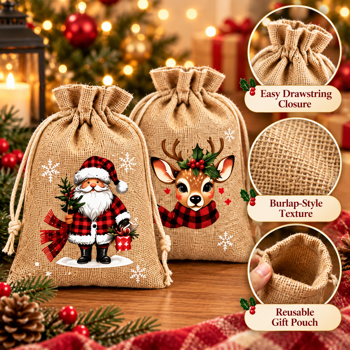 Christmas drawstring bag closure and burlap-style texture details