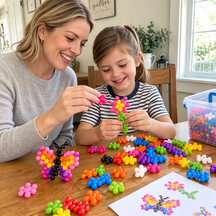 Mother and child making a flower creation together
