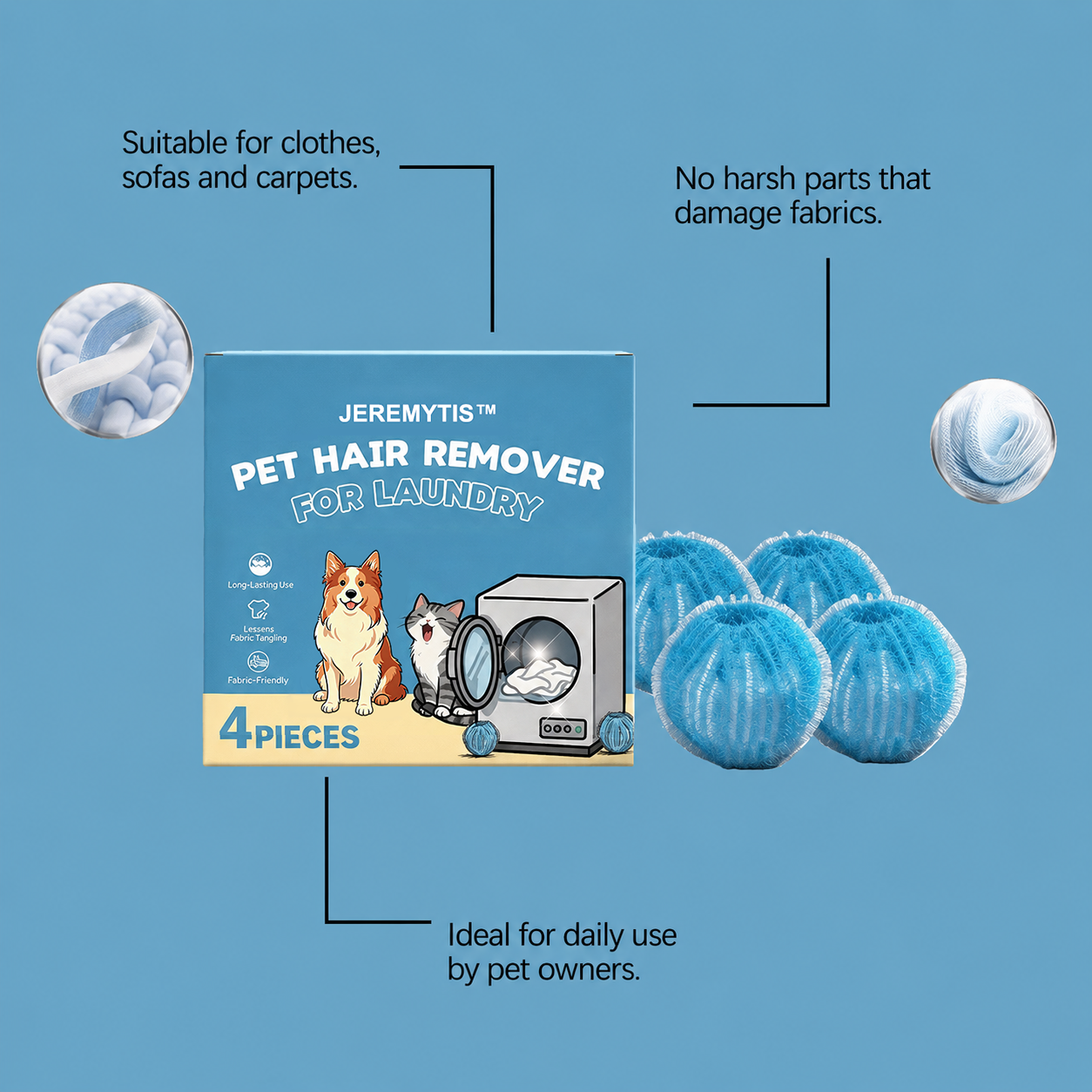 Reusable pet hair remover laundry ball package