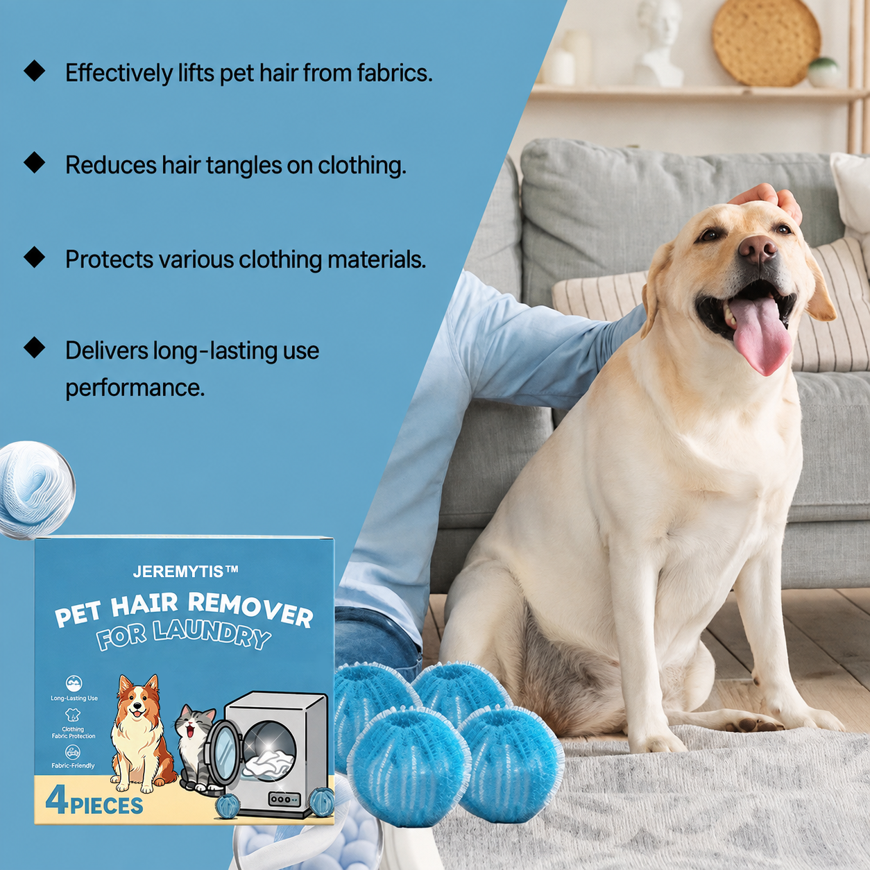 Blue reusable pet hair remover laundry balls