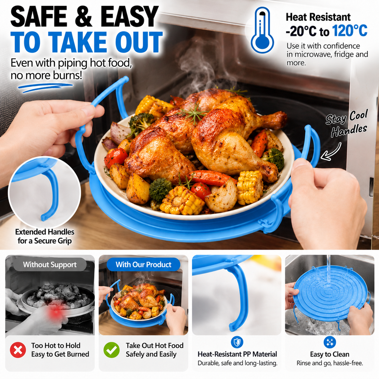 Microwave tray with fold-out handles