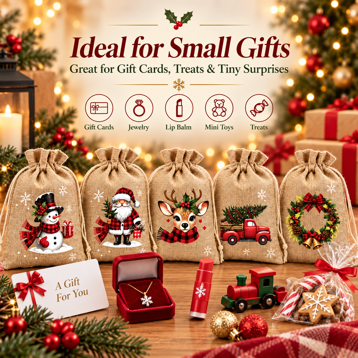 Christmas mini gift bags with gift cards jewelry treats and small toys