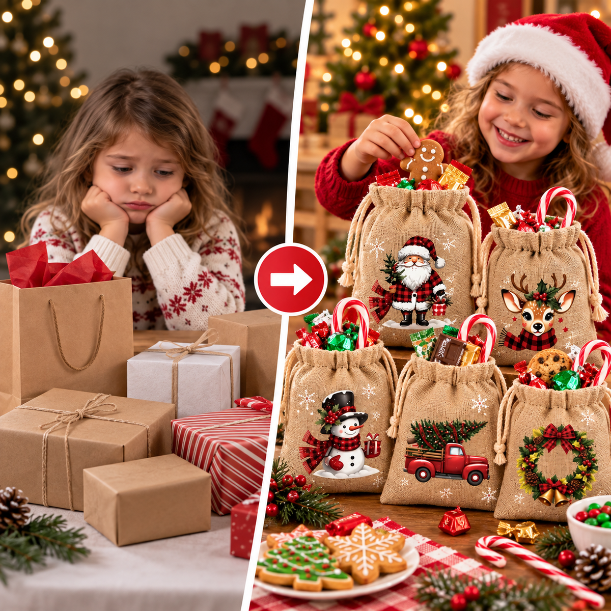 Christmas presents compared with festive mini drawstring gift bags