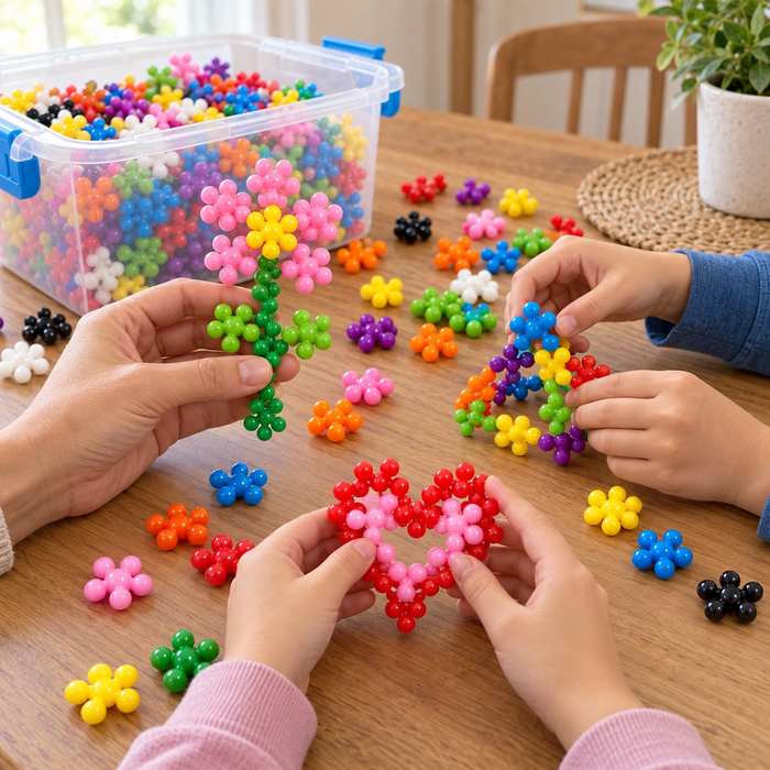 Several hands building colorful creations together