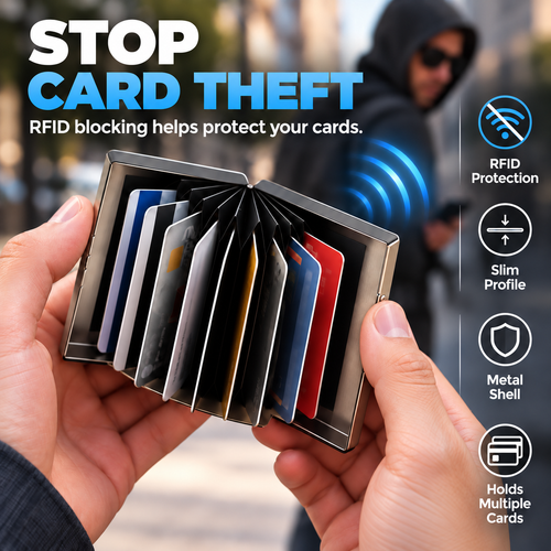 RFID Blocking Stainless Steel Card Holder, Slim Portable Anti‑Theft Metal Credit Card Case
