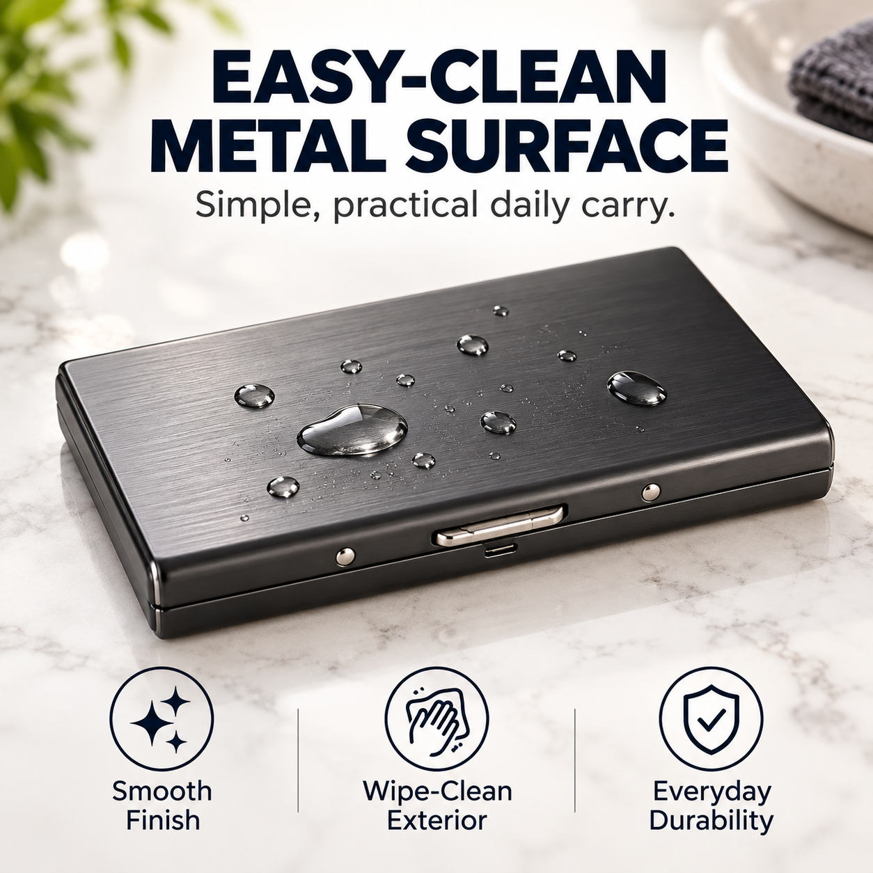Easy-clean metal wallet surface
