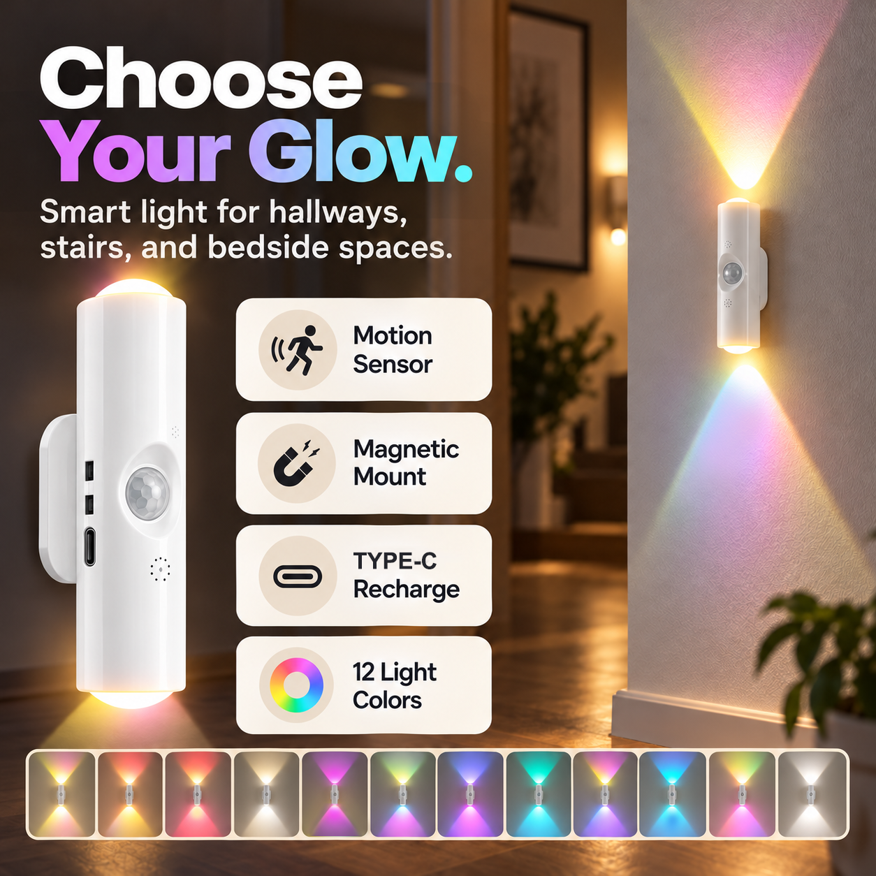 Motion sensor wall light with 12 lighting color options