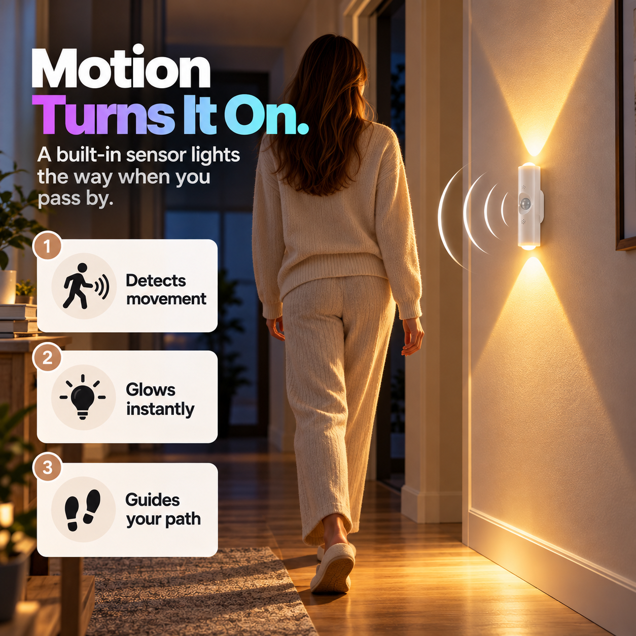 Motion sensor wall light automatically illuminating as a person walks by