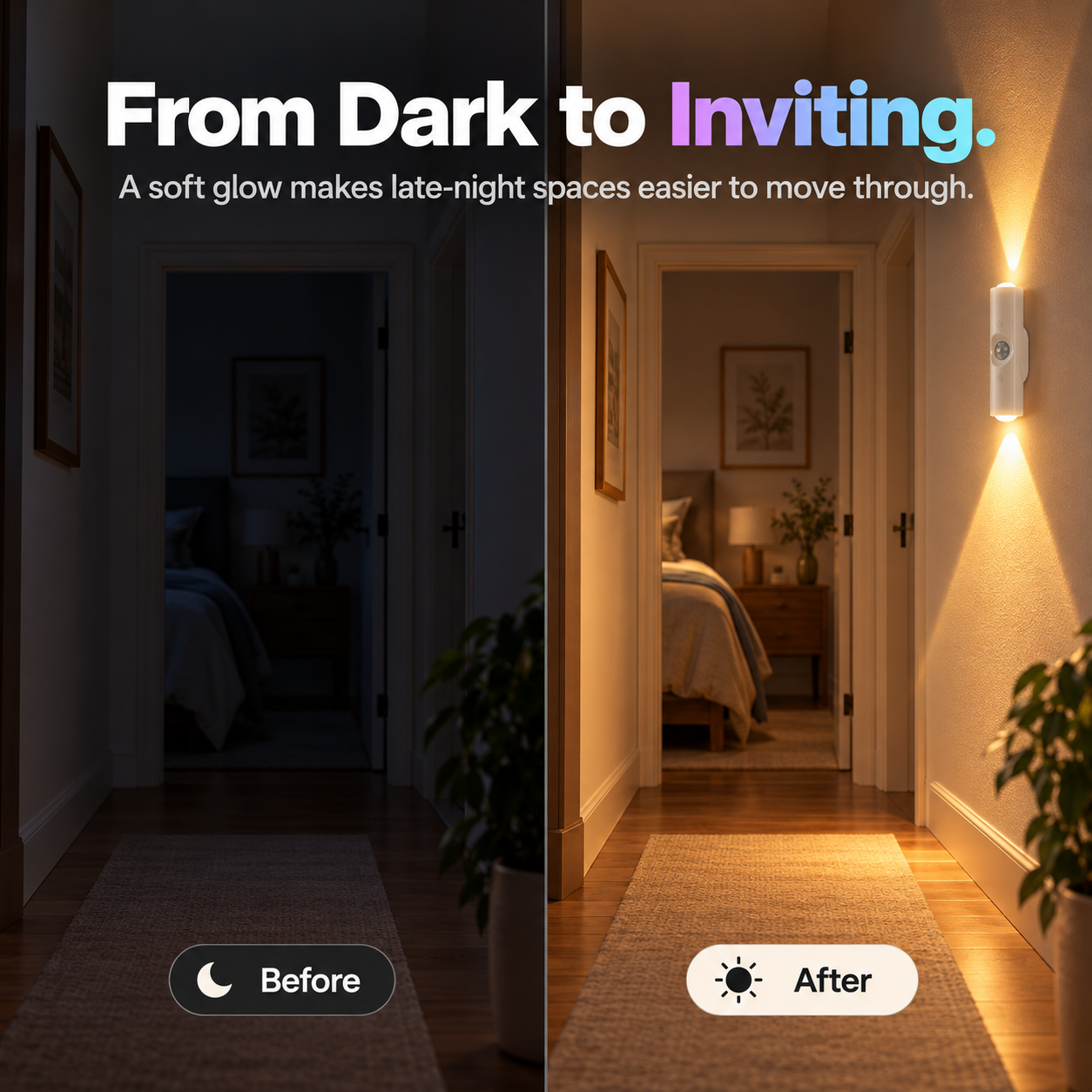 Dark hallway before motion sensor wall lighting