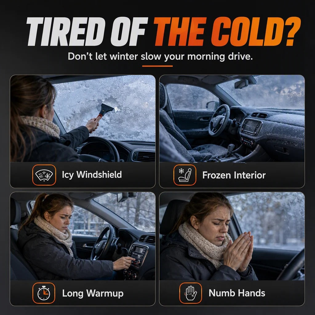 Cold car and icy windshield winter driving problems